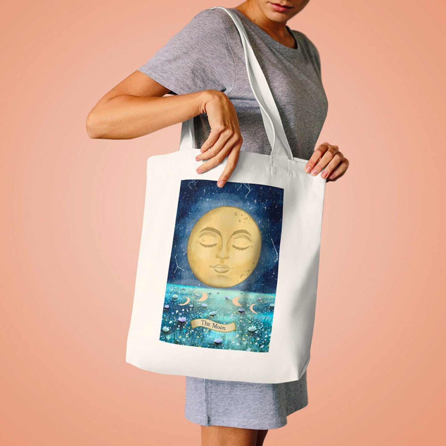 the moon tote bag, celestial tote bag, the moon tarot card tote bag, the moon phases tote bag, witch tote bag, tote bag australia, free shipping tote bags australia, tote bags with artwork, tote bags with paintings, watercolor tote bag, gouache tote bags, wicca tote bags, cottagecore tote bags, astrology tote bags, astronomy tote bags, universe tote bags, the whole universe tote bags